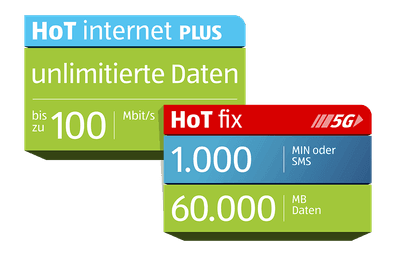 HoT Internet plus mit Unlimitierten Einheiten und bis 100 Mbit/s, Tarif HoT fix mit 1000 Minuten oder SMS und 60GB Daten