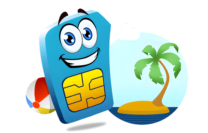 Lachendes HoT Maskottchen vor Palmeninsel