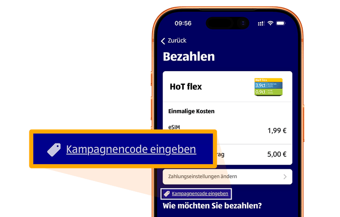 App Oberfläche mit hervorgehobenen Link zu Kampagnencode eingeben