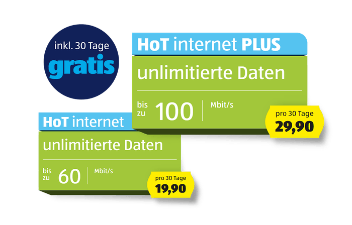 Tarifabbildungen von HoT internet und HoT internet PLUS, sowie Badge inkl. 30 Tage gratis